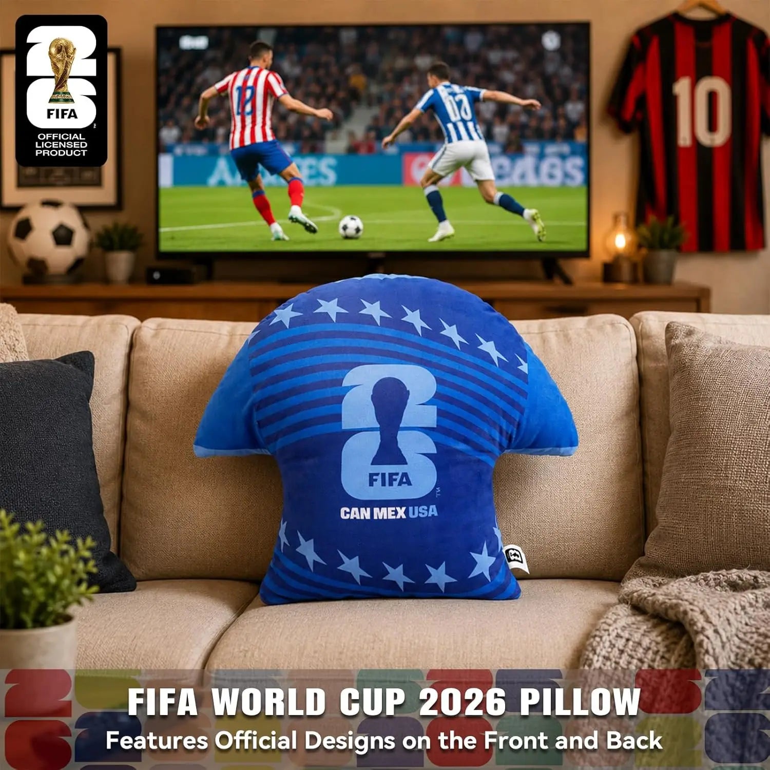 Official  WORLD CUP 2026 Football Jersey-Shaped Throw Pillow, Soccer Soft Square Pillow for Room Bedroom Traveling,  Cus