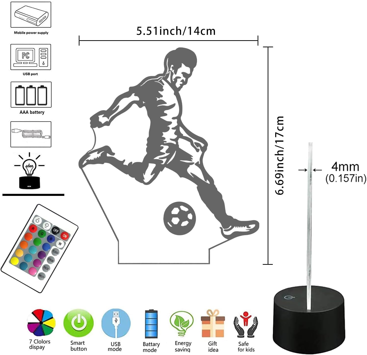 Luz Nocturna 3D Con Temática Futbolística Para Niños Decoración Para Dormitorios Infantiles Iluminación LED De 16 Colores El Regalo Para Niños Y Adolescentes Base Con Diseño De Grieta
