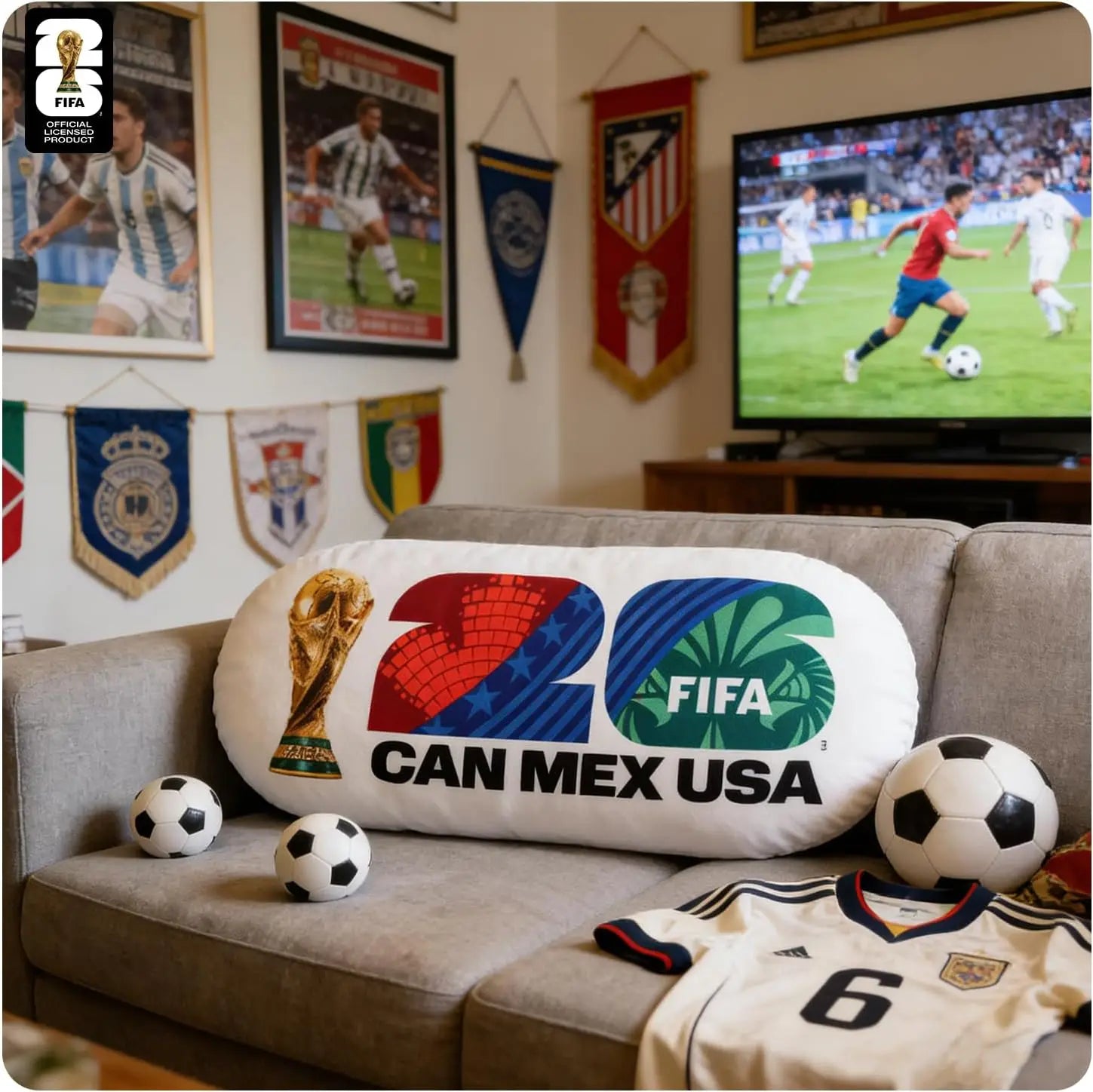 Official  WORLD CUP 2026 Football Jersey-Shaped Throw Pillow, Soccer Soft Square Pillow for Room Bedroom Traveling,  Cus