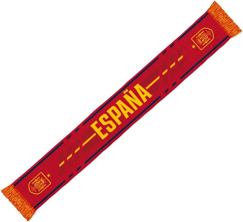 BUFANDA ESPAÑA 2026 – Bufanda Oficial De La Selección Española – Diseño Rojo Con Escudo, Flecos Amarillos Y Gráficos De La Roja