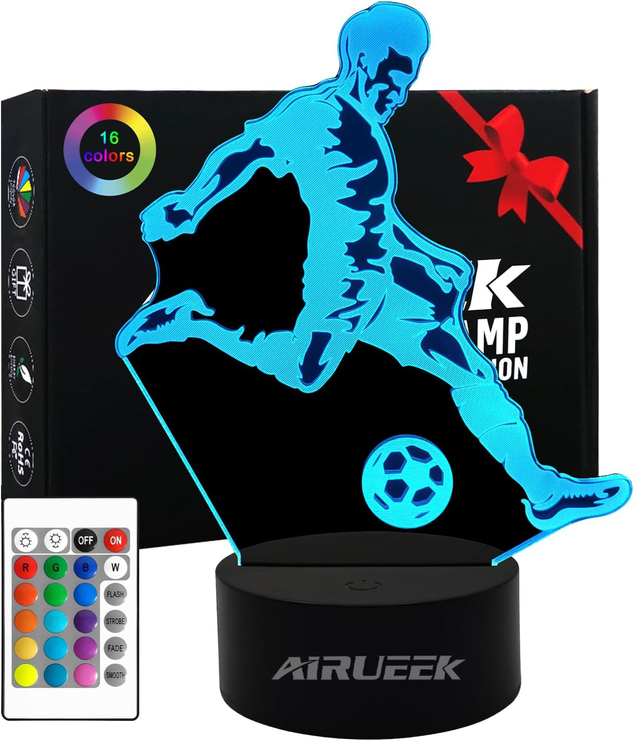 Luz Nocturna 3D Con Temática Futbolística Para Niños Decoración Para Dormitorios Infantiles Iluminación LED De 16 Colores El Regalo Para Niños Y Adolescentes Base Con Diseño De Grieta