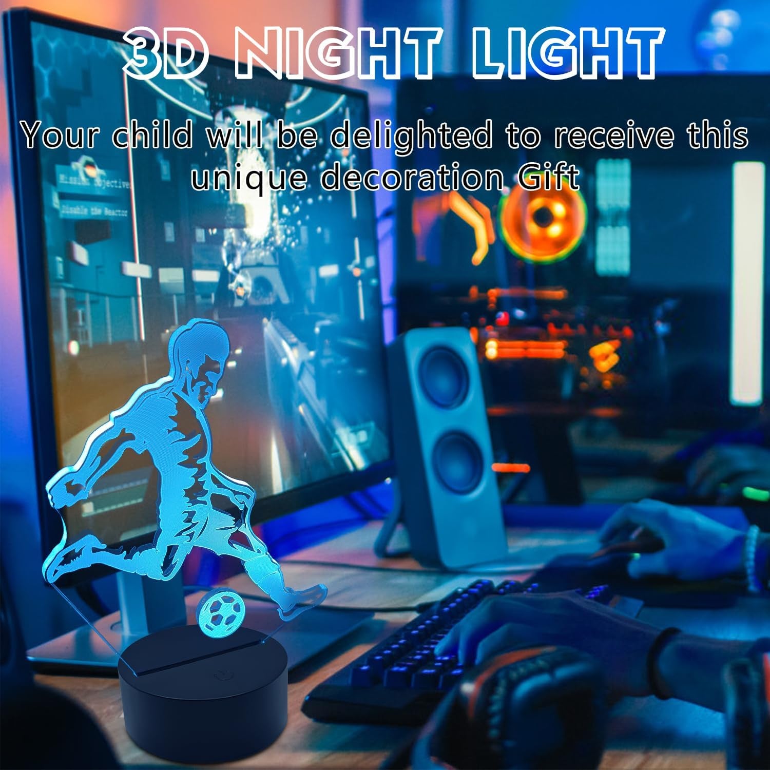 Luz Nocturna 3D Con Temática Futbolística Para Niños Decoración Para Dormitorios Infantiles Iluminación LED De 16 Colores El Regalo Para Niños Y Adolescentes Base Con Diseño De Grieta